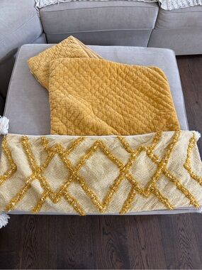 3 Yellow Pillow Covers 2 Velvet Diamond 24x24 and 1 Lumbar 35x13 Tassels